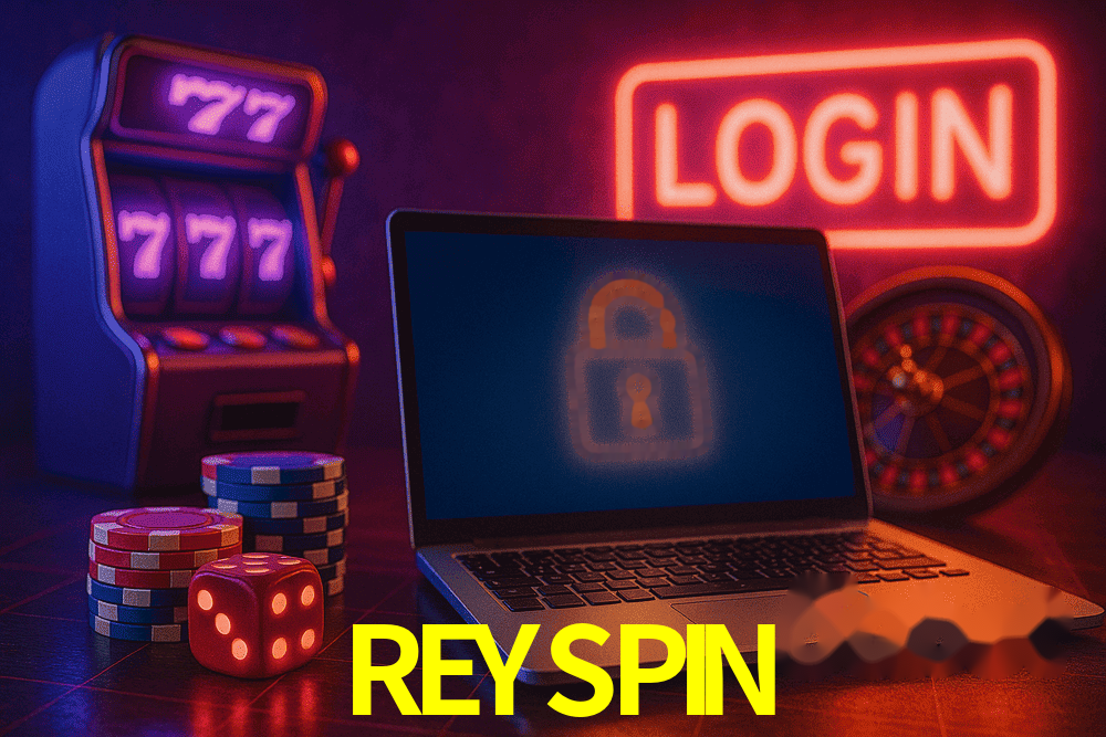 Escena dinámica inspirada en casino con iluminación REYSPIN, cartas, fichas e íconos de juegos digitales en un espacio moderno de juegos.