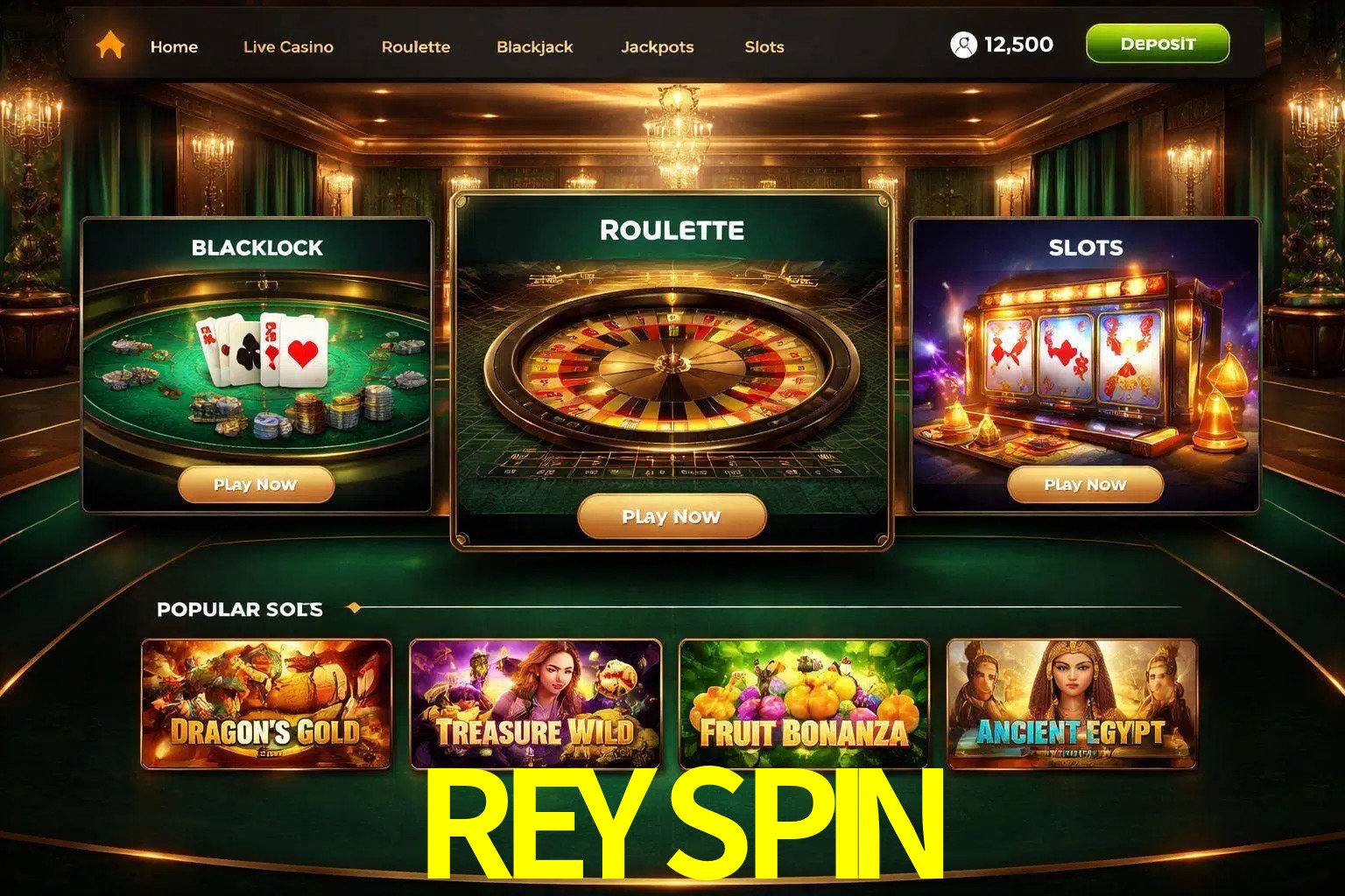 Vista de la plataforma REYSPIN Casino mostrando categorías organizadas de juegos en línea