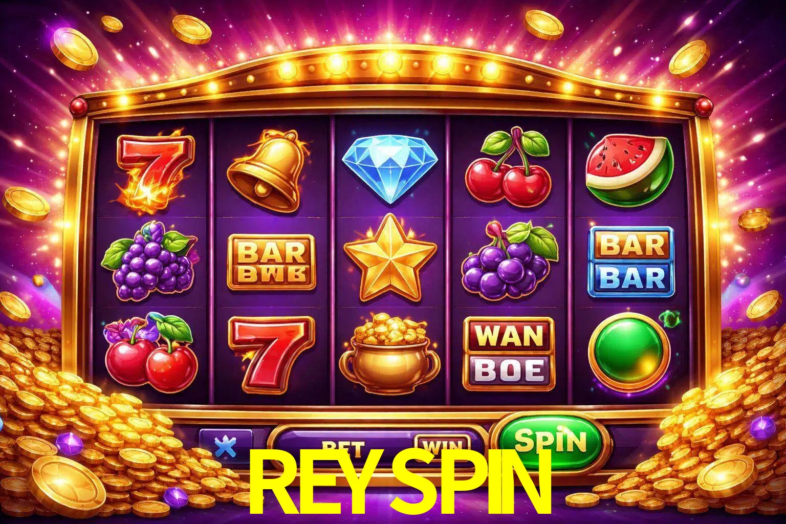 Una interfaz colorida de tragamonedas en línea con símbolos brillantes, monedas y un efecto de victoria celebratoria en REYSPIN.