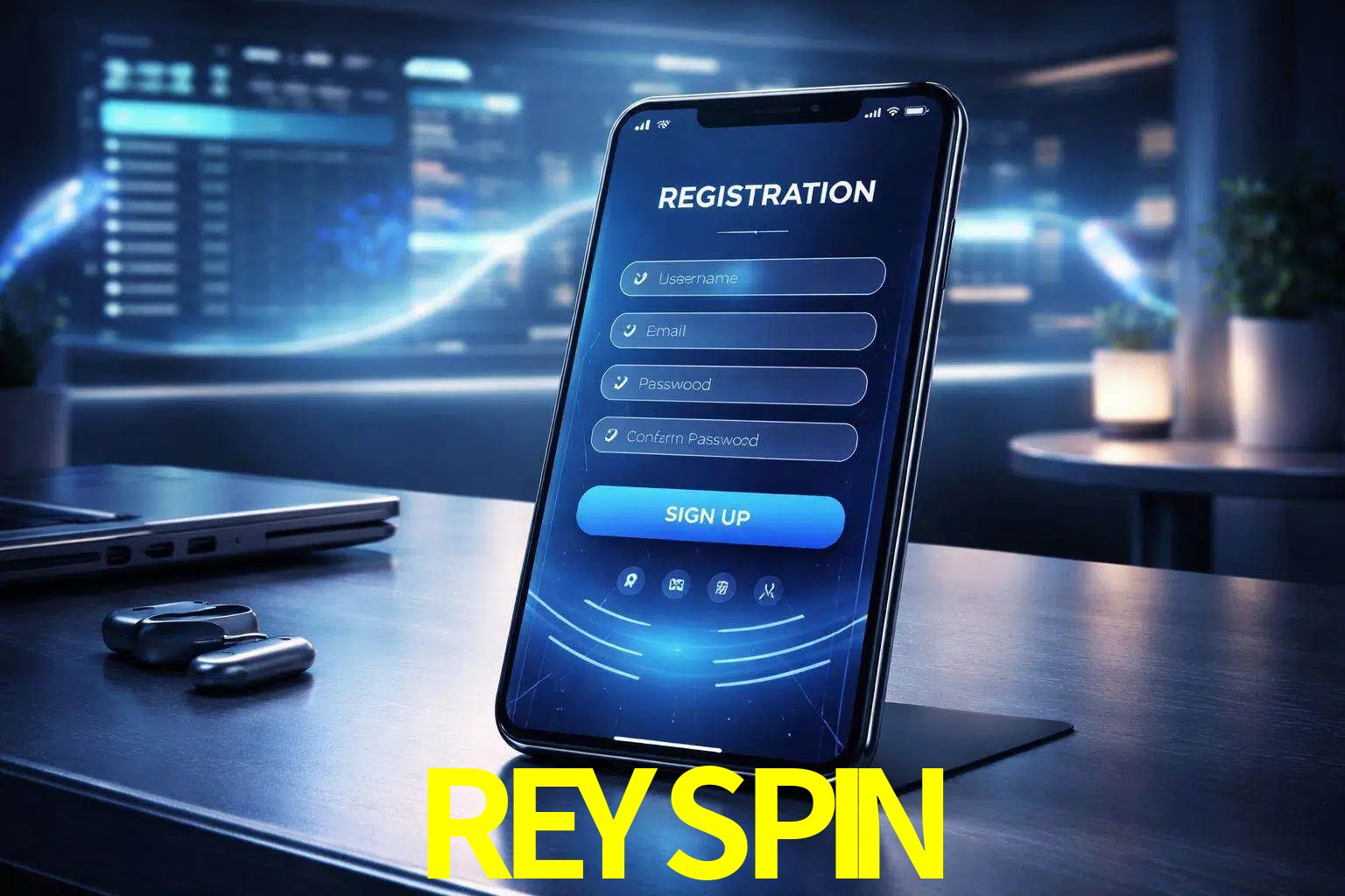 Una interfaz moderna de registro móvil para REYSPIN mostrada en un smartphone con un panel de apuestas elegante.